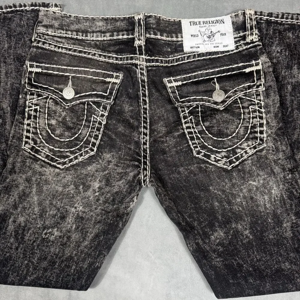 True Religion Ricky Relaxed Straight Acid Wash Black Jeans 33 Stitch